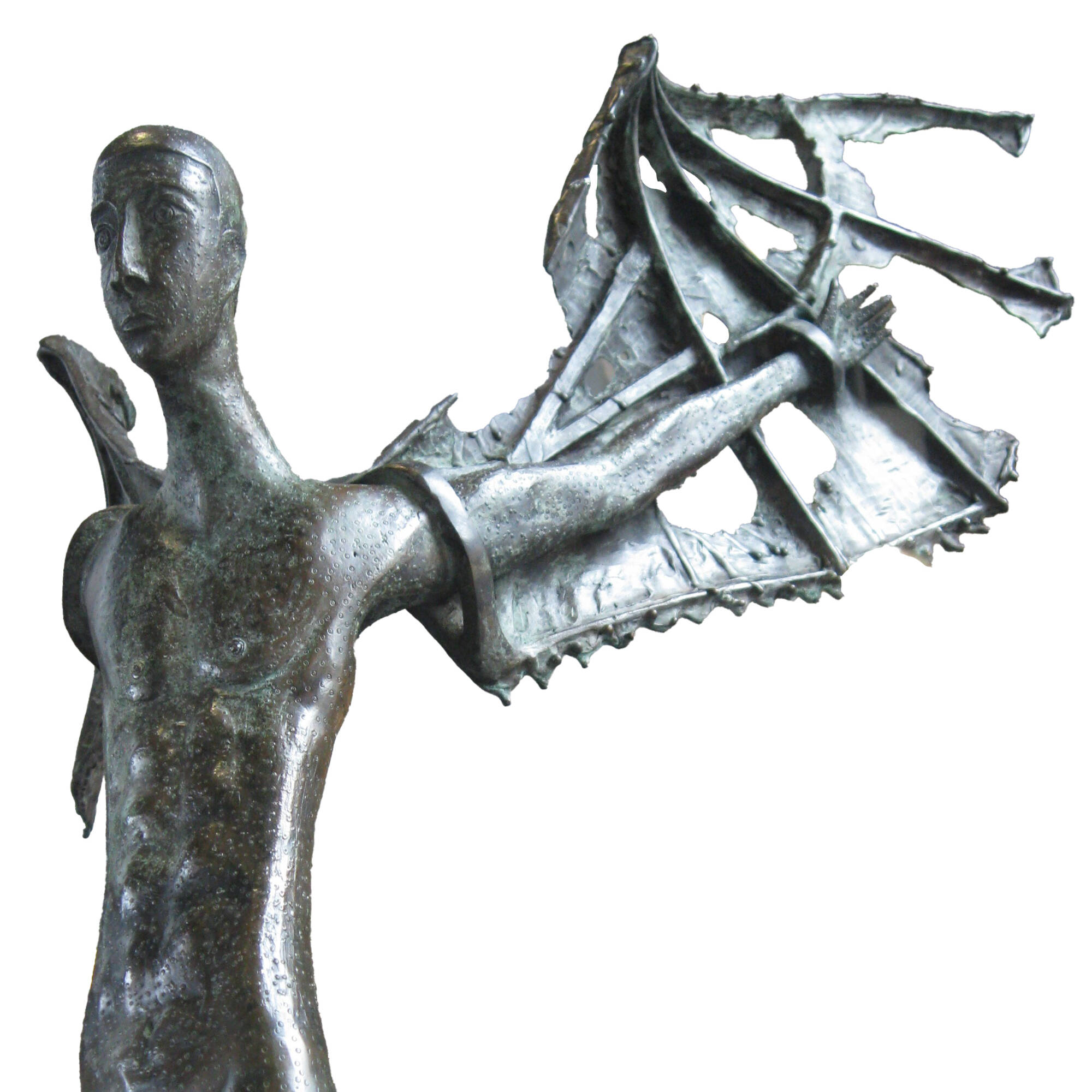 Metal sculpture of a man with wings on his arms.